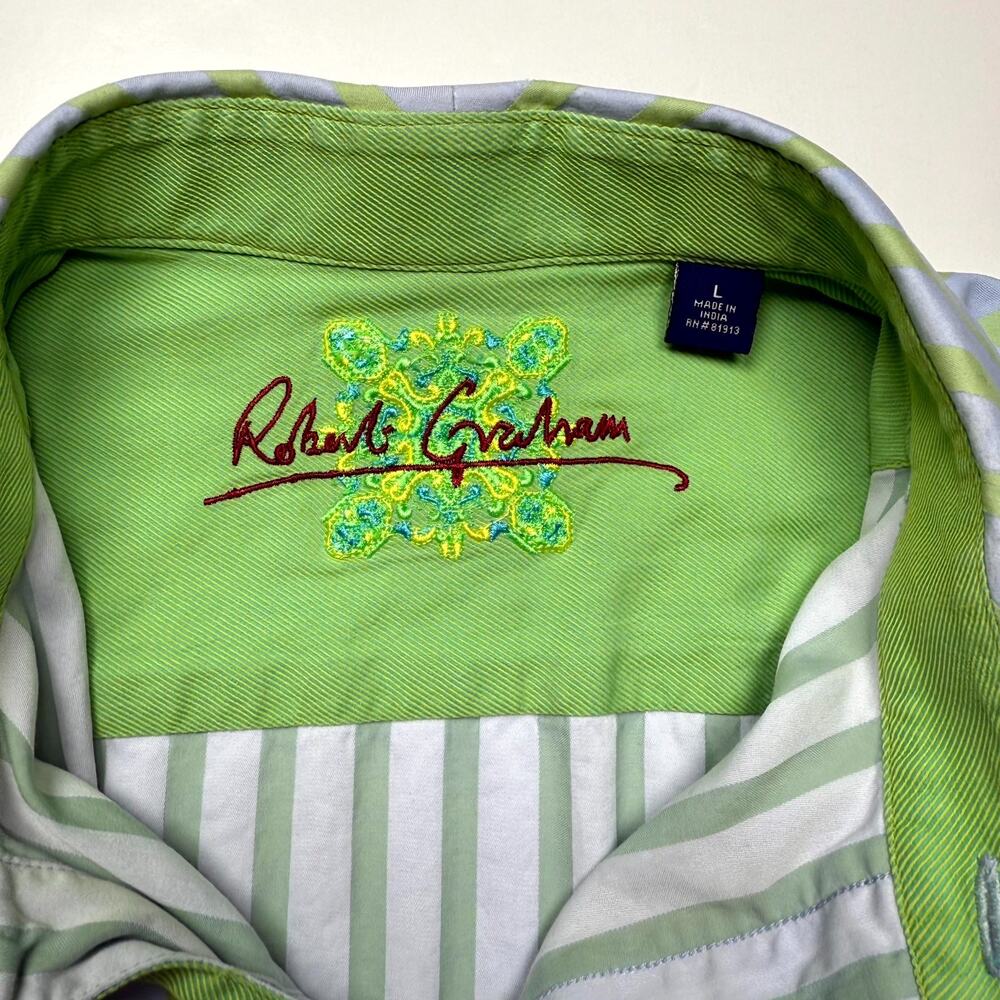 Robert Graham Shirt Mens Large Blue Green Striped Long Sleeve Button-Up Classic